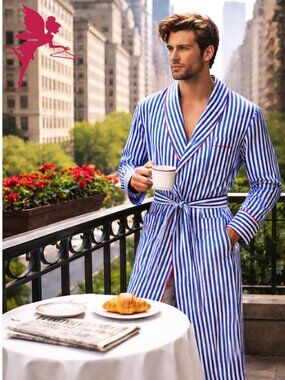 SCULLY & SCULLY PARK AVENUE Mens' Blue & White Striped Soft Cotton Poplin Robe